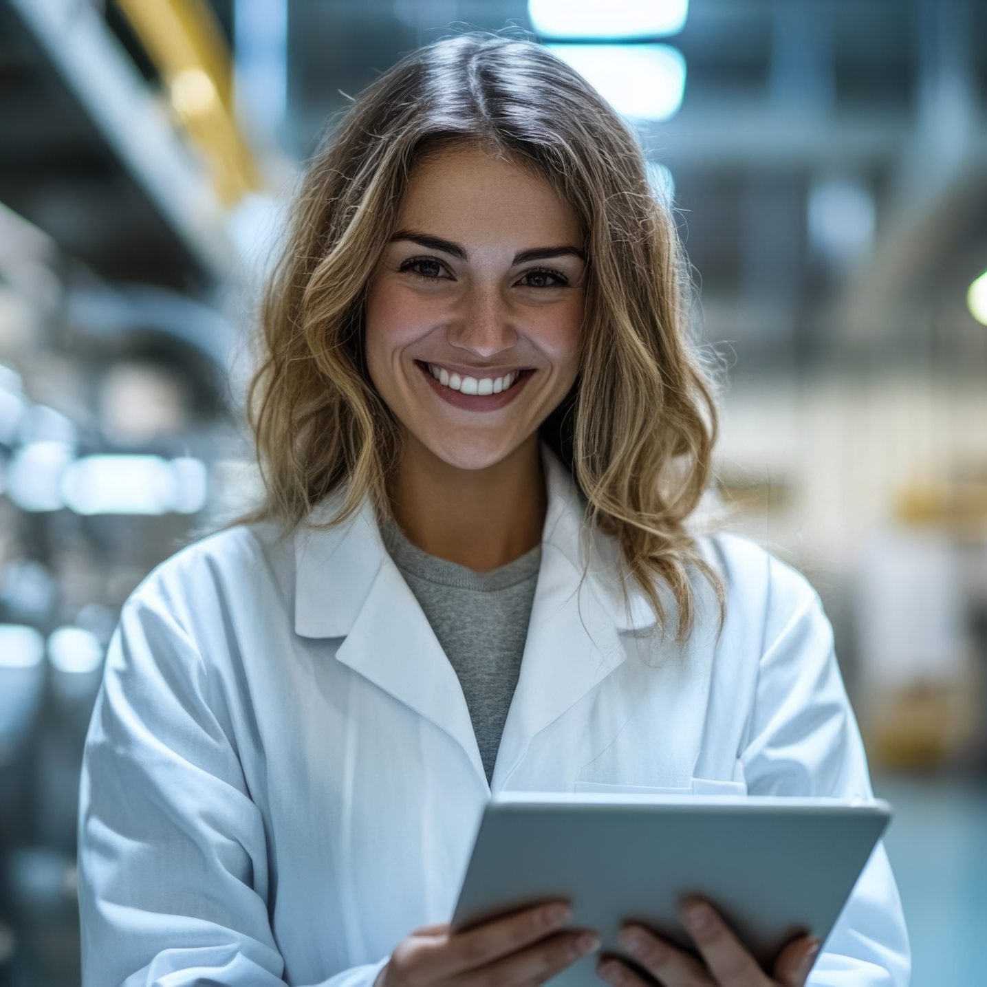 A woman in a white lab coat is smiling and holding a tablet. She is happy and content